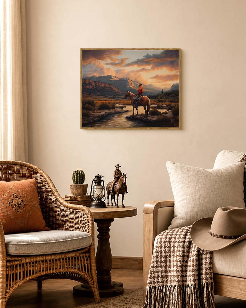 Western Cowboy Framed Canvas Wall Art 16x20 Inch, Horse Rider at Sunset Print Rustic Mountain Landscape Painting
