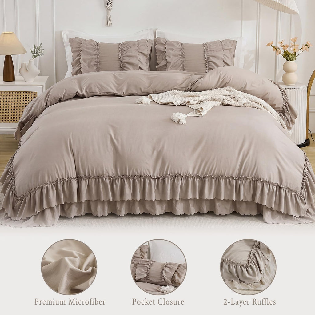 Taupe Boho Comforter King Size, Shabby Chic Ruffle Bedding Set, 2 Layers Ruffles Fluffy Vintage Comforter Home