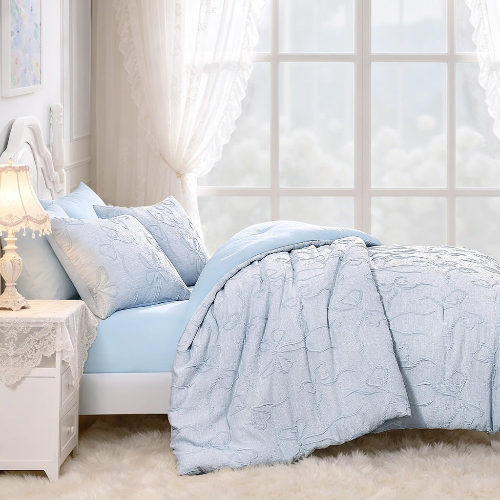 Queen Blue Bow Comforter Set, 3D Boho Tufted Bedding Set for Girl