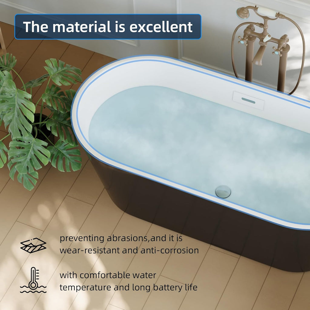 59 Inch Freestanding Bathtub, Acrylic, Deep Soaking Tub with Non-Slip Base, Modern Black Free Standing Tub for