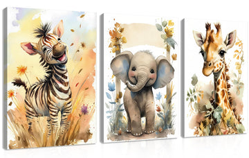 Woodland Animal Wall Art Set of 3, Wild Animals Nursery Picture Wall Decor Canvas, Cute Giraffe Elephant Zebra