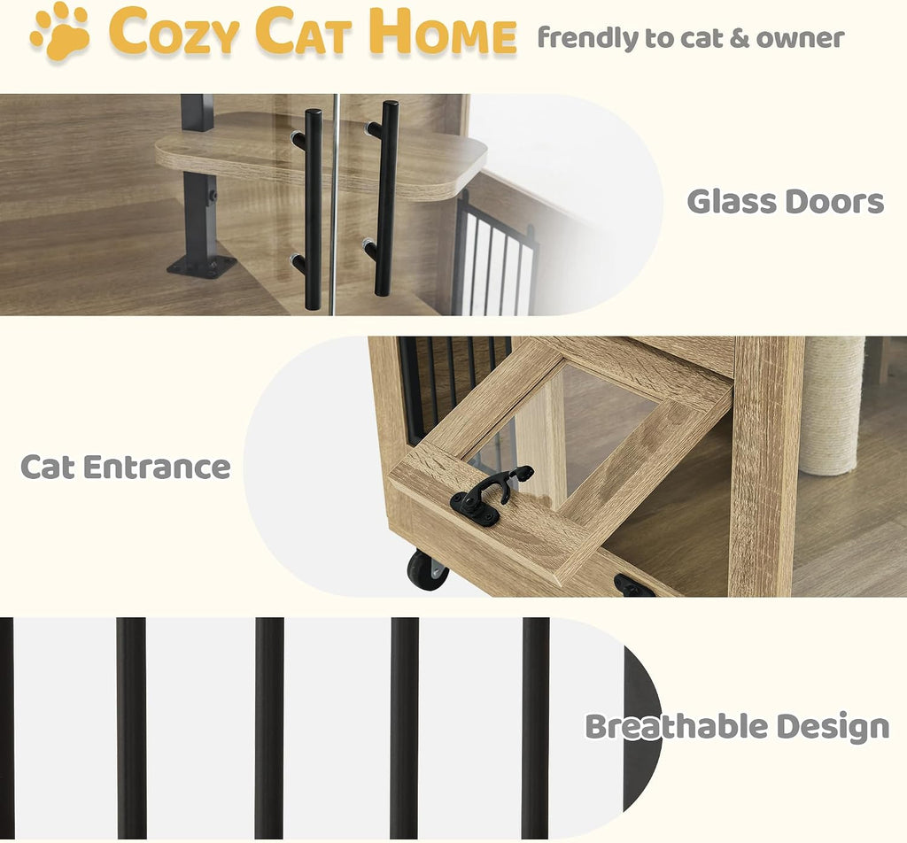 Wooden Luxury Cat House Furniture with Glass Door Indoor Use
