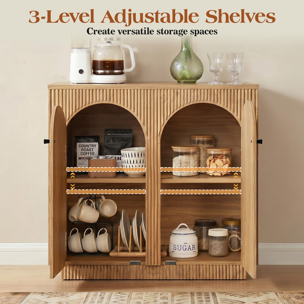 32" Arched Door Sideboard Buffet Cabinet with Storage, Natural Oak