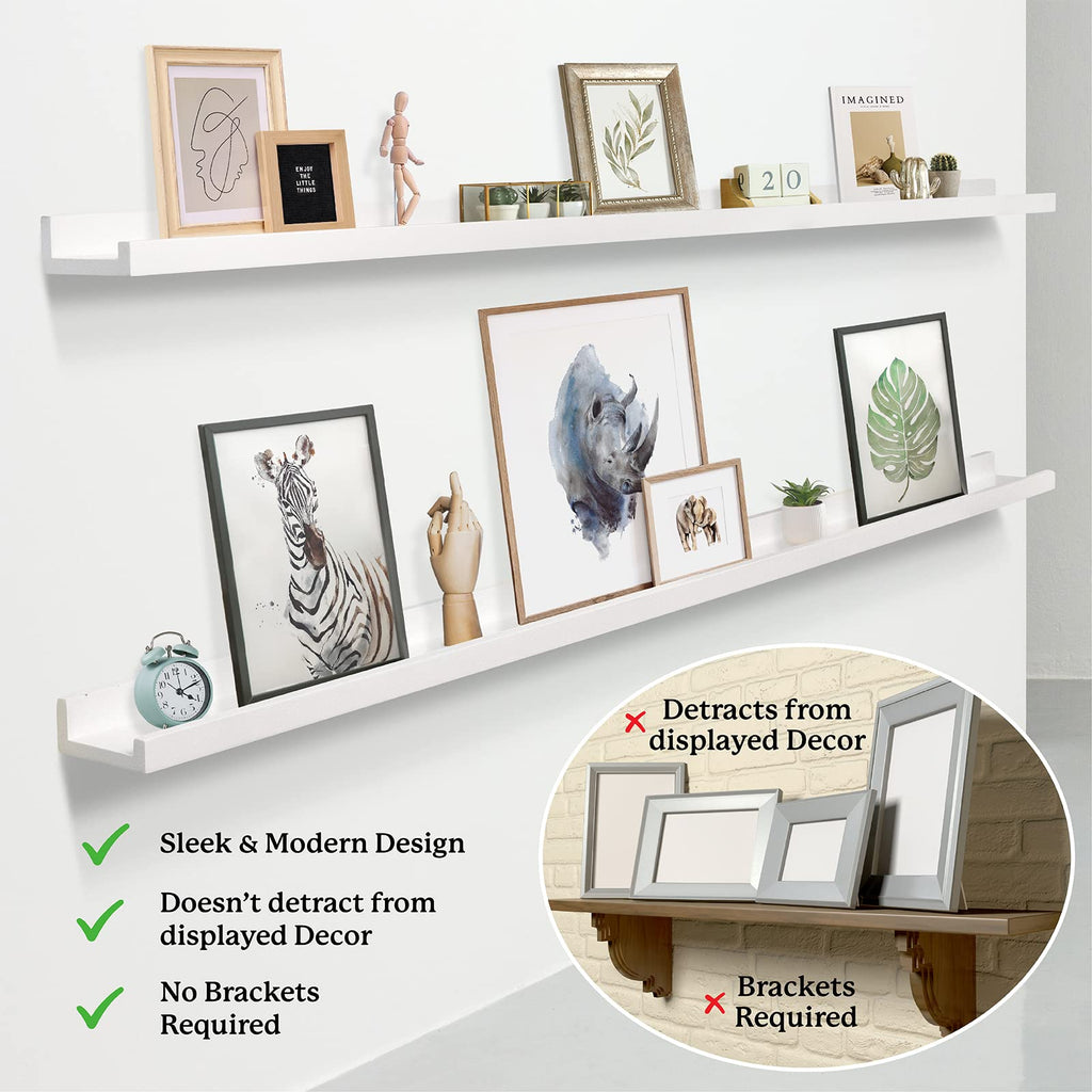 Picture Ledge Shelf for Wall [White, 60 Inch, 2 Pack] Narrow Floating Photo and Picture Shelves. Wooden Displaying