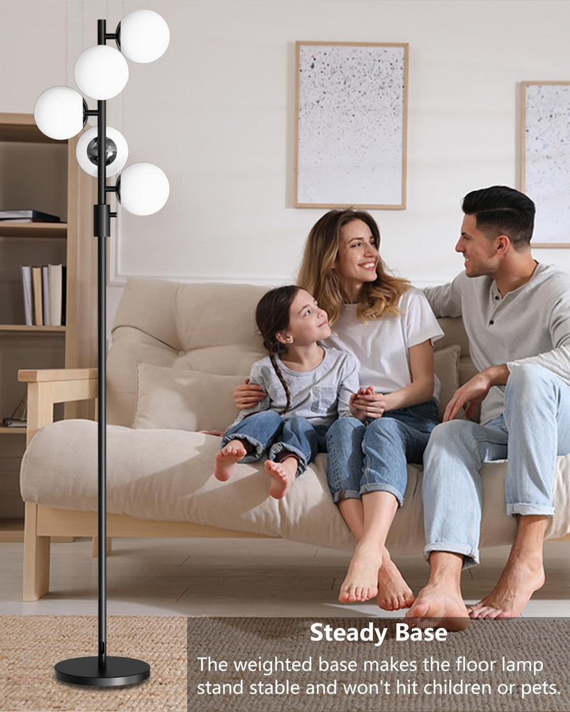 5-Globe Dimmable Globe Floor Lamp Black Standing Lamps with 5Pcs 3000K Bulbs Included Brightness Adjustable Retro Mid