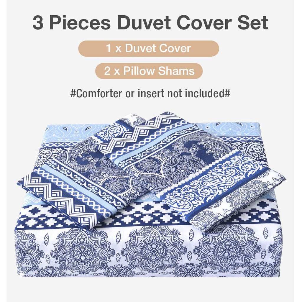 Reversible Boho Duvet Cover Queen Size, Blue and White Geometric