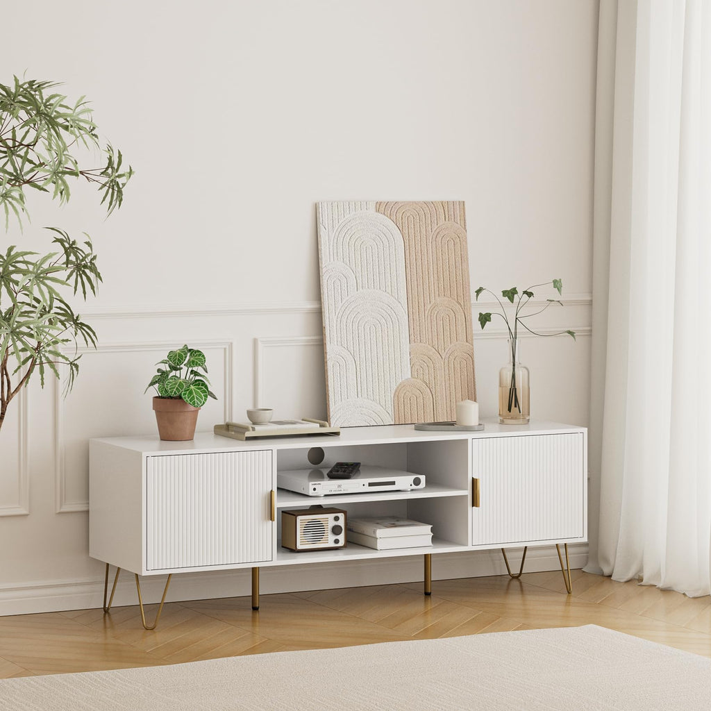 TV Stand for 55-65 Inch TV, Entertainment Center with Soft Hinge Door, TV Console Table with 2 Cabinets with Gold