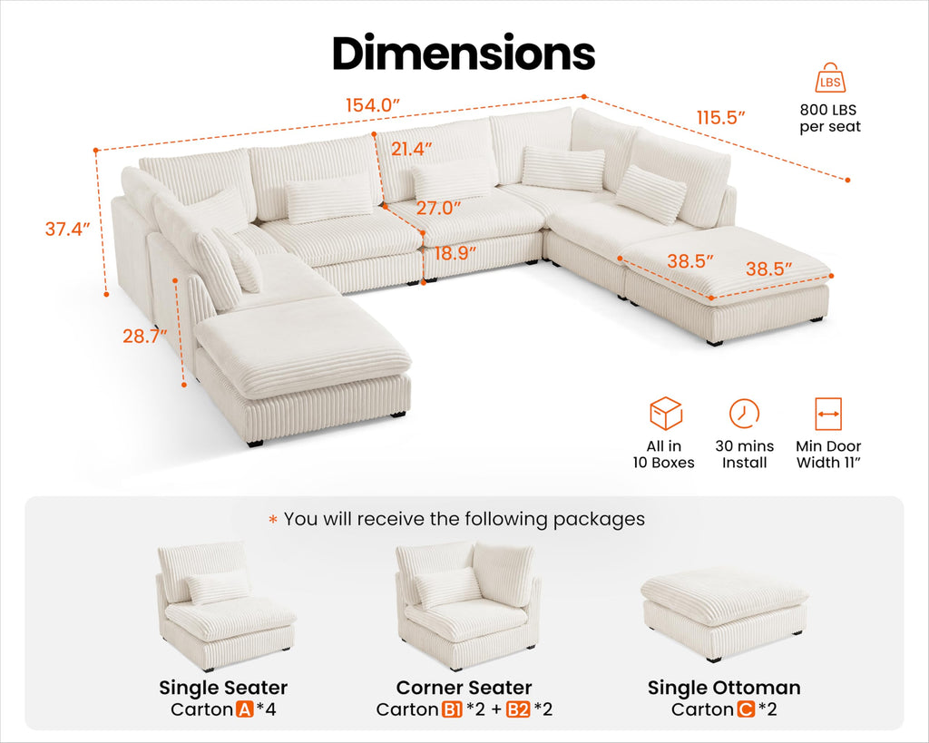 154" Oversize Corduroy Modular Sectional Sofa Couches, White