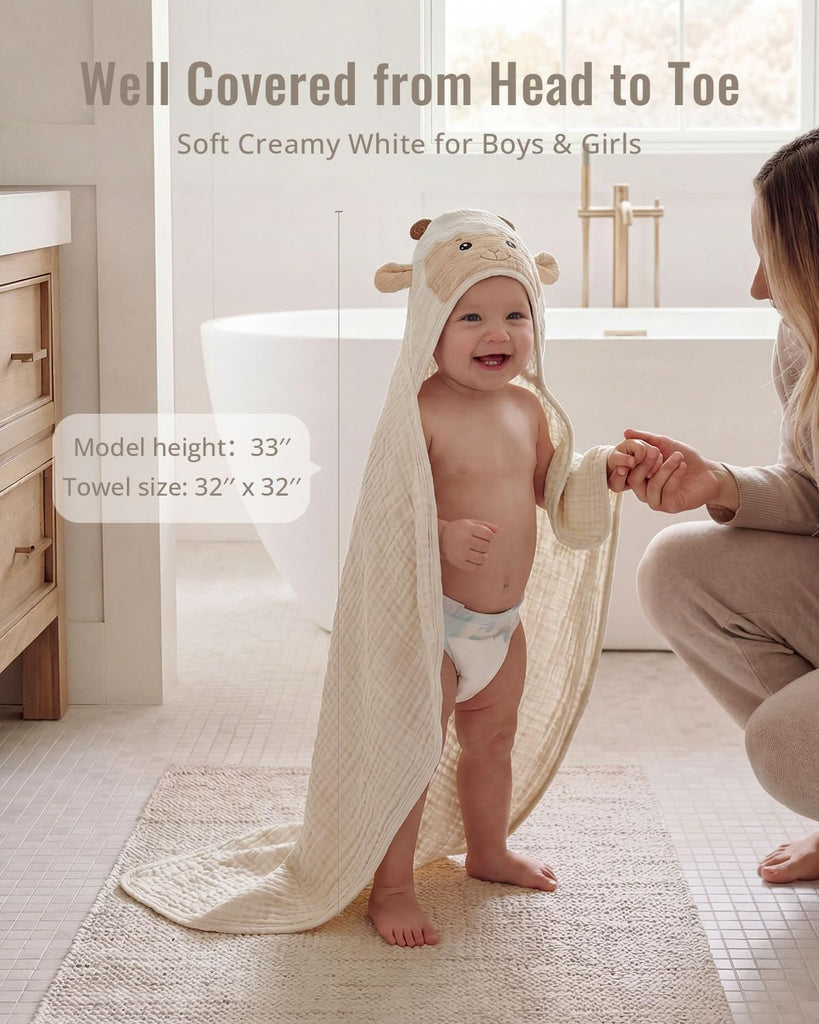 Muslin Baby Hooded Towel 2 Pack, Soft & Absorbent Bath Towel for Infant, Toddler, Unisex, Baby Gift, Newborn