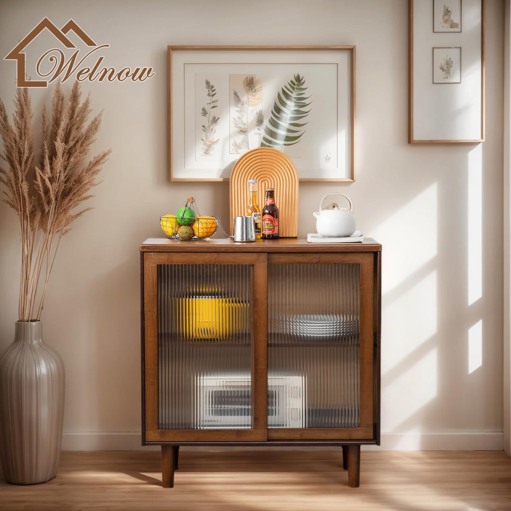 Buffet Cabinet, Bamboo Sideboard with Storage Kitchen Display Cabinet with 2-Tier Shelves Boho Coffee Bar Tables