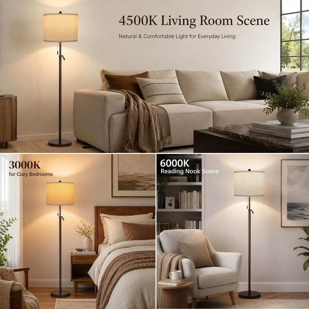 61-69" Adjustable Floor Lamp, Tall Standing Lamp, 3Way Bulb, Pull Chain