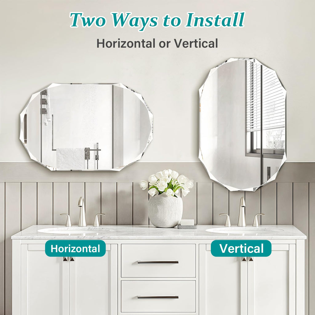 Single Beveled Edge Bathroom Vanity, 23.6" x 35.4" Oval Wall, Shatterproof Frameless for Over Sink, Restroom