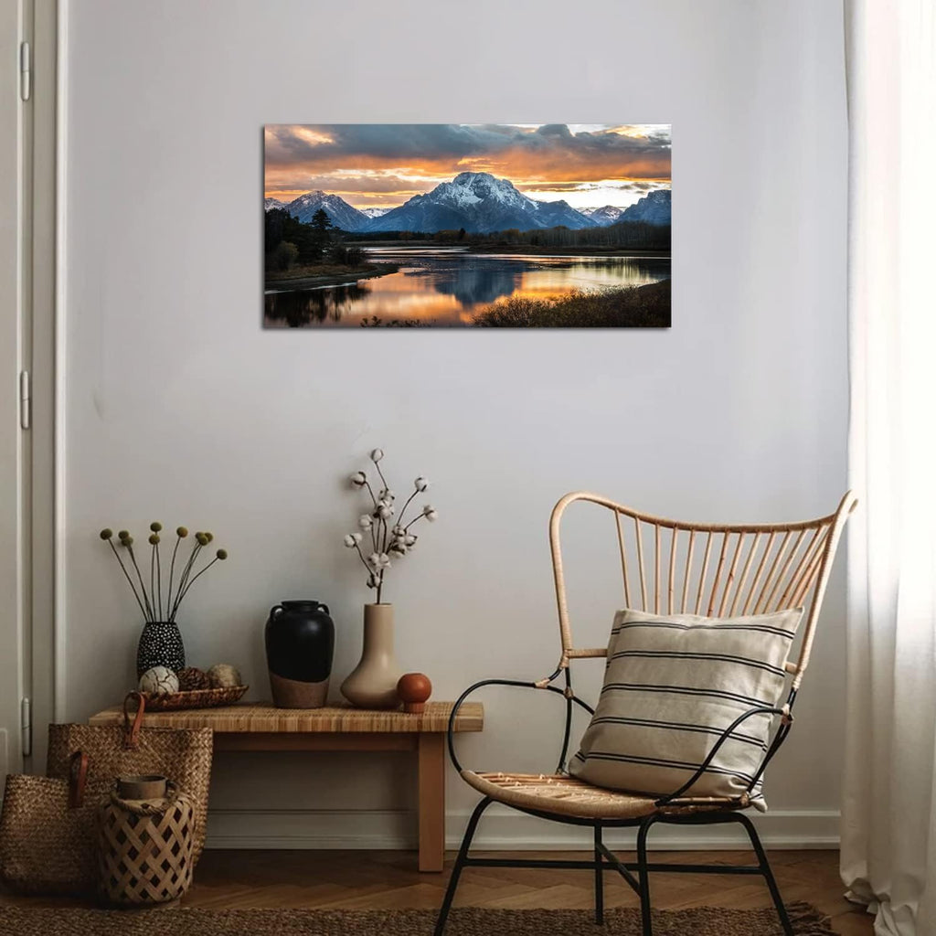 Sunset Mountain Wall Art Nature Grand Teton Landscape Canvas Wall Decor National Park Wall Art Oxbow Bend Snake River