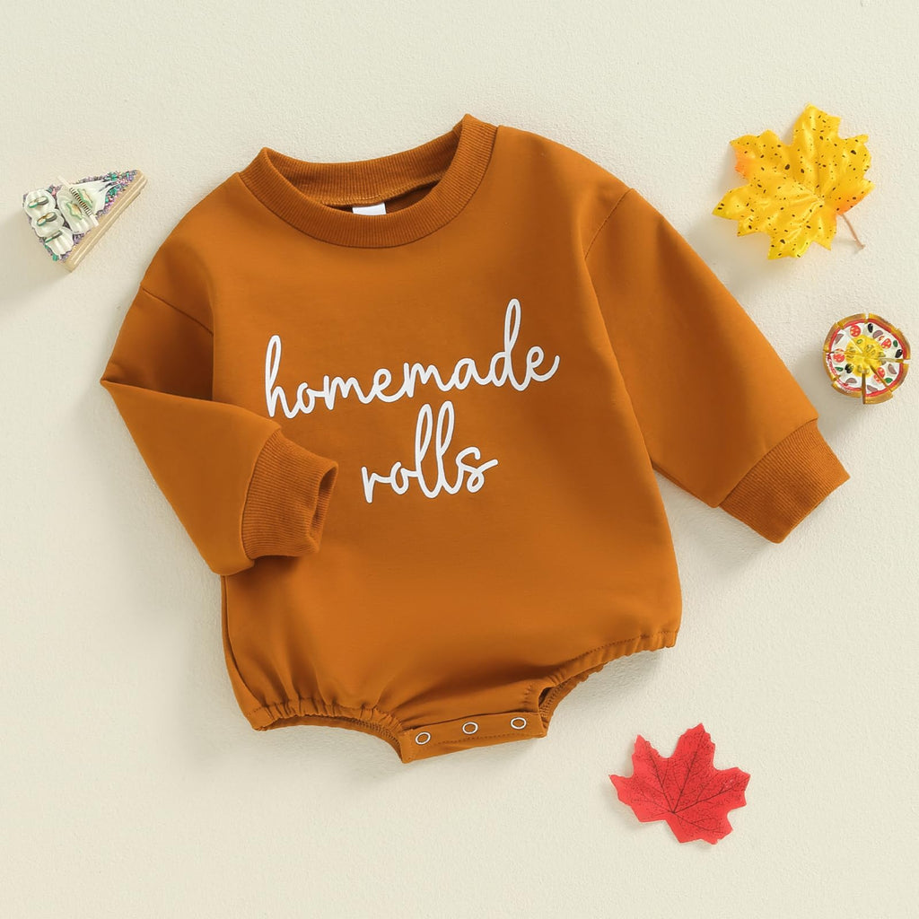 Newborn Thanksgiving Outfit Homemade Rolls Bubble Romper Long Sleeve Bodysuit Fall Thanksgiving Baby Girl Boy Outfit