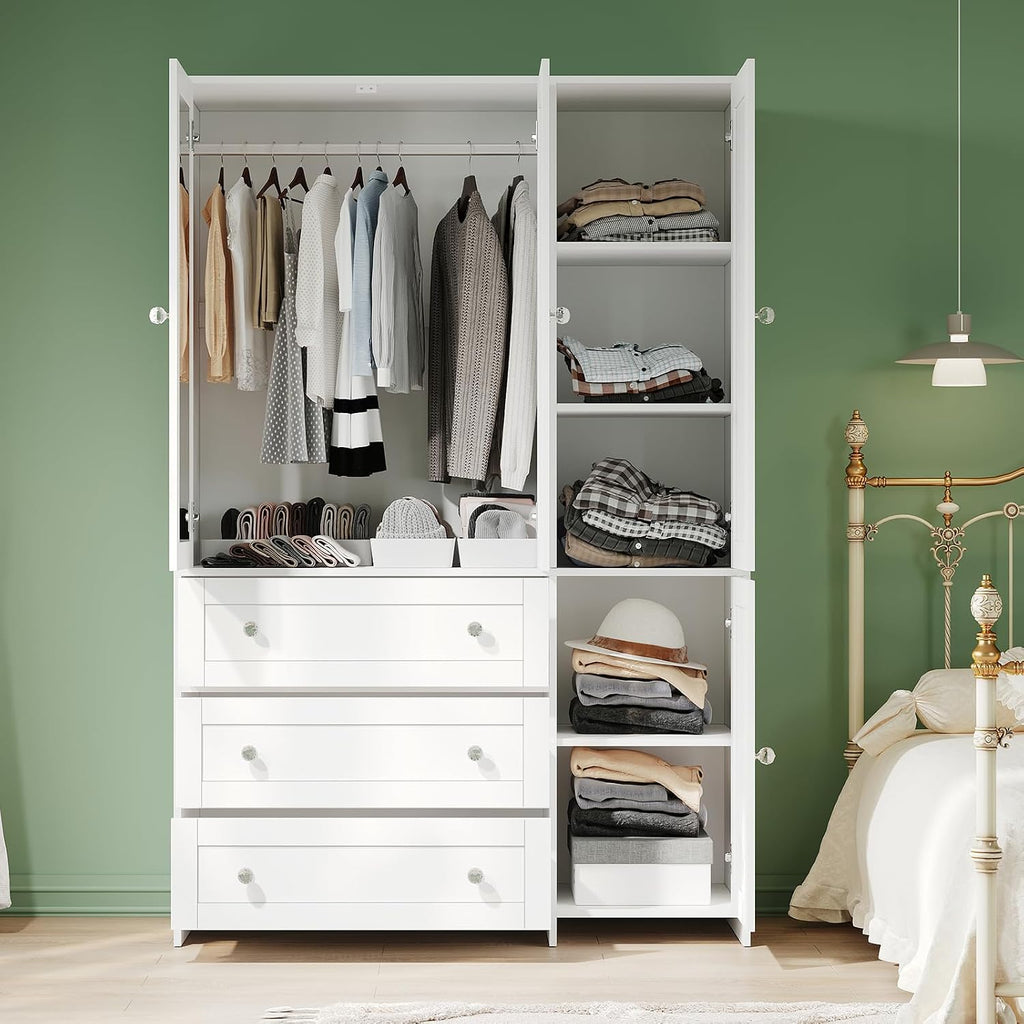 71" Armoire Wardrobe Closet with 3 Drawers and Mirror | Clothing Storage Cabinet with Hanging Rod, 4 Doors Wooden