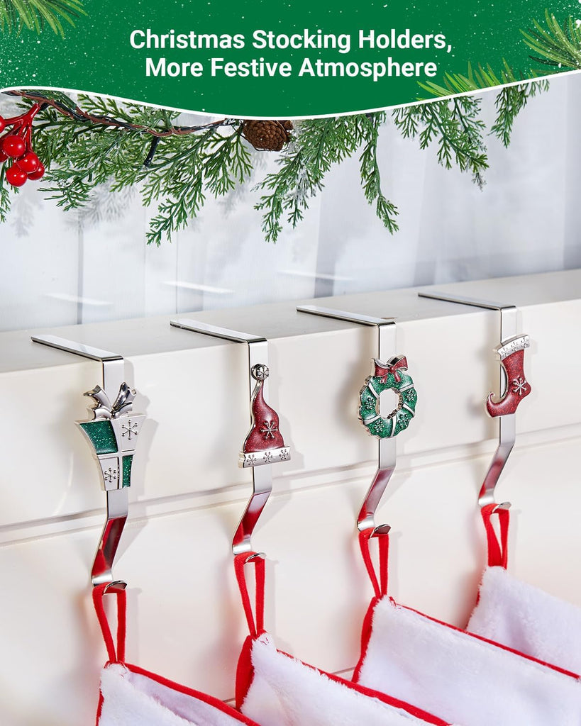 Christmas Stocking Holders for Mantles Set of 4, Colorful Stocking Hangers for Fireplaces, 4 Pack Non-Slip Stocking