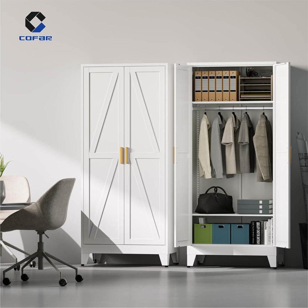 71'' Metal Wardrobe Closet, Bedroom Armoire Cabinet with Adjustable Hanging Rod and Shelves, 2 Doors Farmhouse Closet