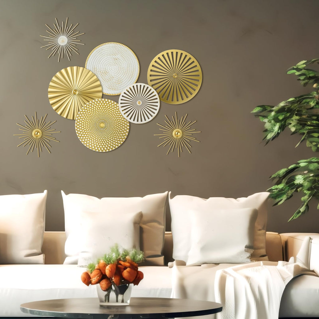 White Gold 8 Pcs Wall Decor Round Modern Metal Plate Art