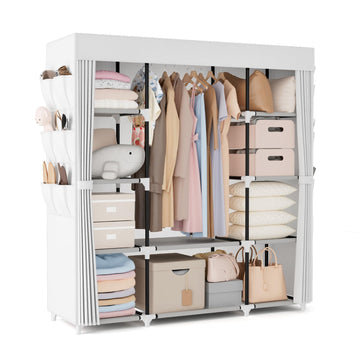 Portable Closet Wardrobe for Hanging Clothes 57.3 Inch Large Capacity Clothes Rack with Cover, 10 Storage Organizer