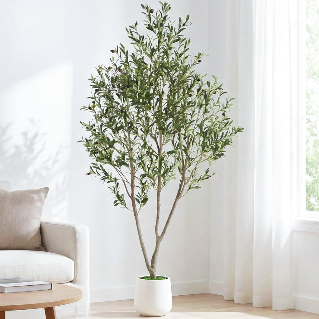 7FT Artificial Olive Tree Indoor with White Pot Tall Planter, Faux Olive Tree with Natural Wood Trunk and Lifelike