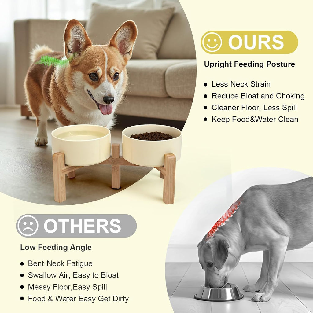 Elevated Dog Bowls Ceramic, 6.1'' Dogs and Cat Food Water Bowls Raised with Non-Slip Bamboo Stand for Medium Sized