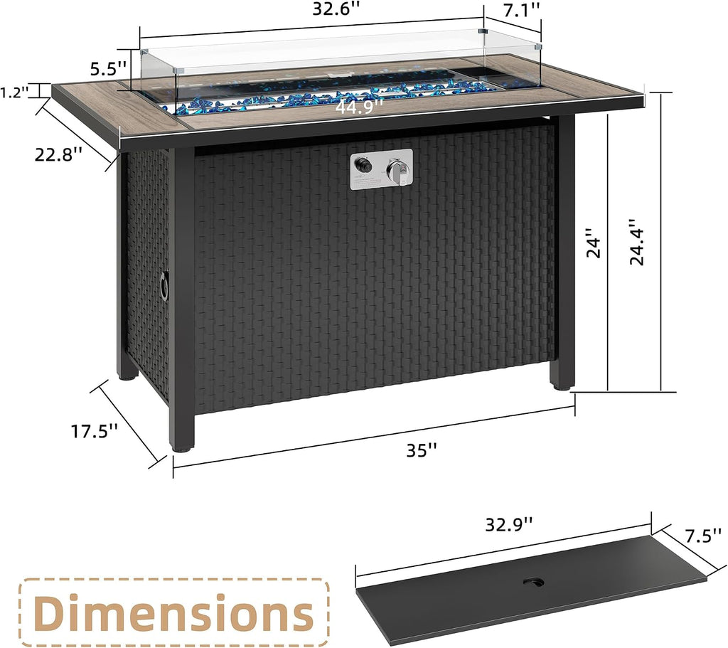 45 Inch Propane Fire Pit Table, 50,000 BTU Outdoor Gas Fire Pit & Backyard, 2-in-1 Firepit Dining Table with Glass