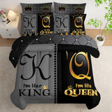 Grey and Black Comforter Set Queen IZE,7-Piece K and Q Printed Crown Couple Bed in a Bag,His Her Lover Comforter &