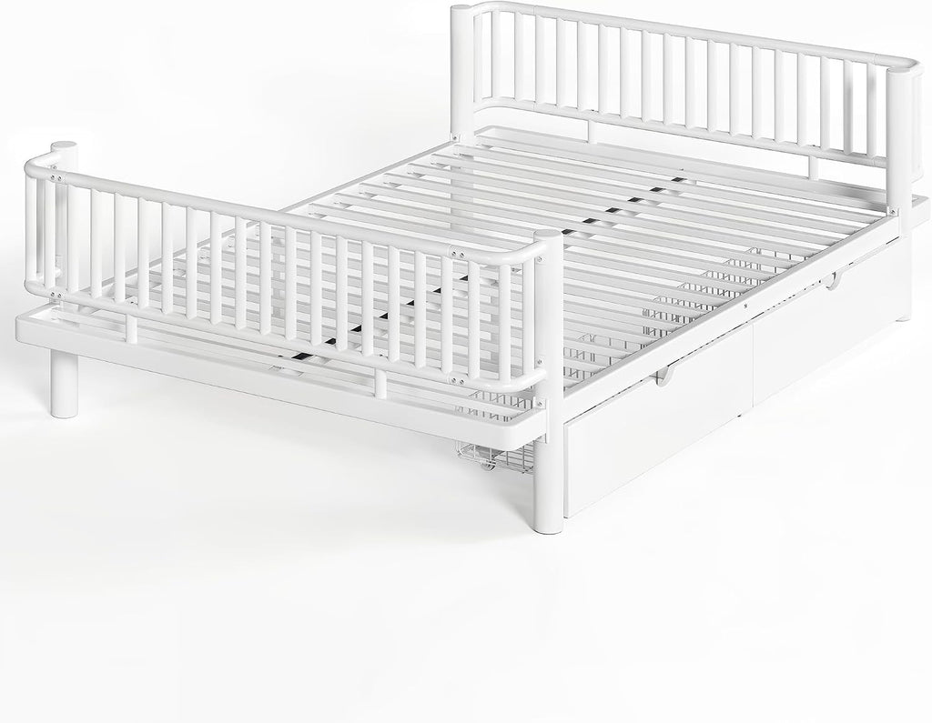 Metal Montessori Bed with Fence and Slats, Montessori Bed with Storage Drawers and Detachable Side Bed