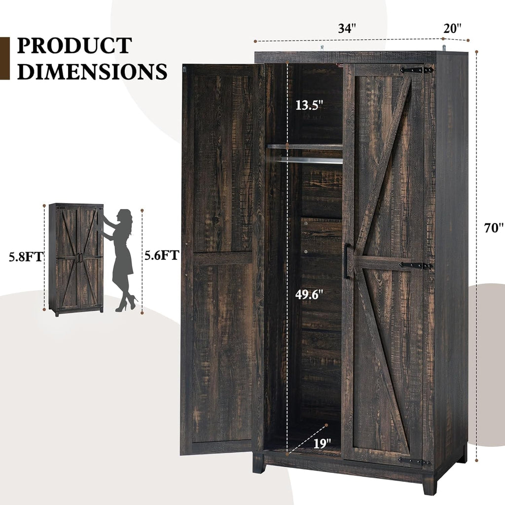 70" Farmhouse Wardrobe Closet Set of 2 with Hanging Rod & Barn Doors