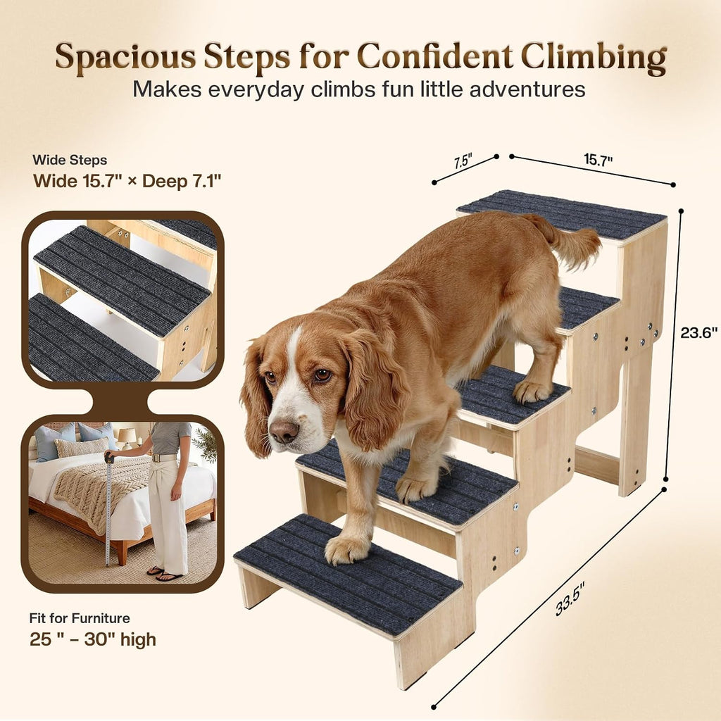 5-Step Wooden Dog Steps for Bed, Anti-Slip Dog Stairs with Carpet Pads, 23.6 Inches Pet Ramp for Dogs to Get on Bed