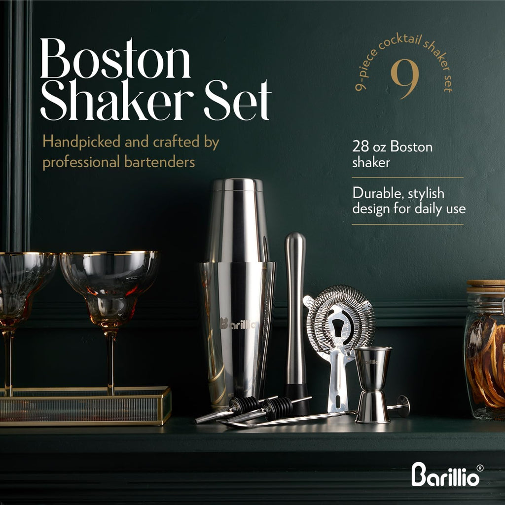 Boston Shaker Set - Stainless-Steel, Weighted, Martini Cocktail Shaker Set w/Strainer & Mixer - Mixology Bartender