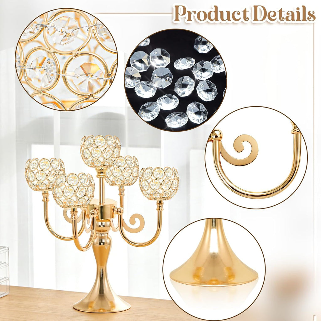 5 Arm Metal Crystal Candelabra Centerpiece - 13.4 Inch Elegant Candle Holder with Crystal Beadsable Decoration (4, Gold)