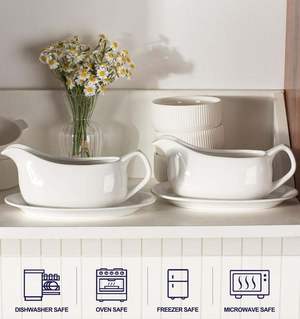 Gravy Boat with Saucer 19 Oz Set of 2 - White Porcelain Gravy Bowl, Ceramic Sauce Dispenser for Turkey, Dressing