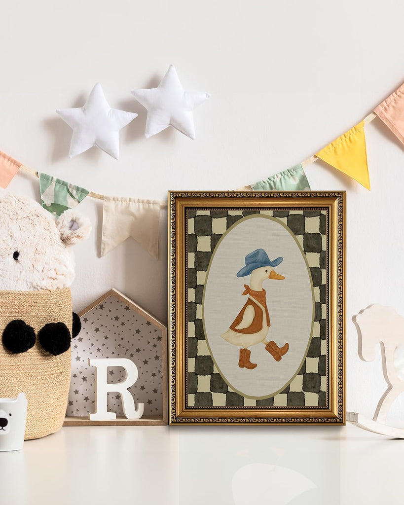 Vintage Cowboy Goose Gold Framed Canvas Wall Art 12x16