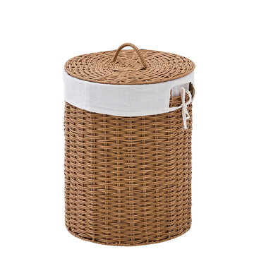 Round Wicker Laundry Hamper with Lid Handwoven Rattan Basket with Handles for Dirty Clothes, 2 Washable Liner Bags