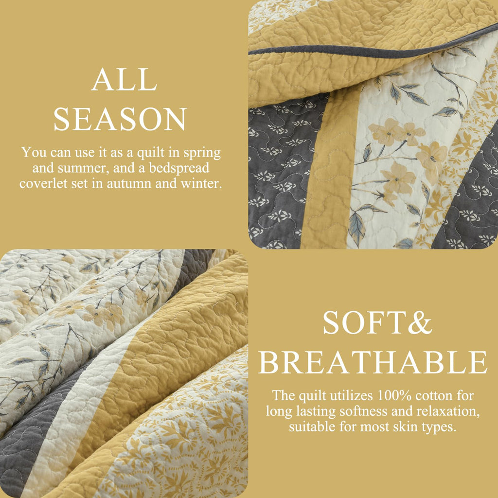 100% Cotton Quilt - Modern Stripe Botanical Soft Bedding Set