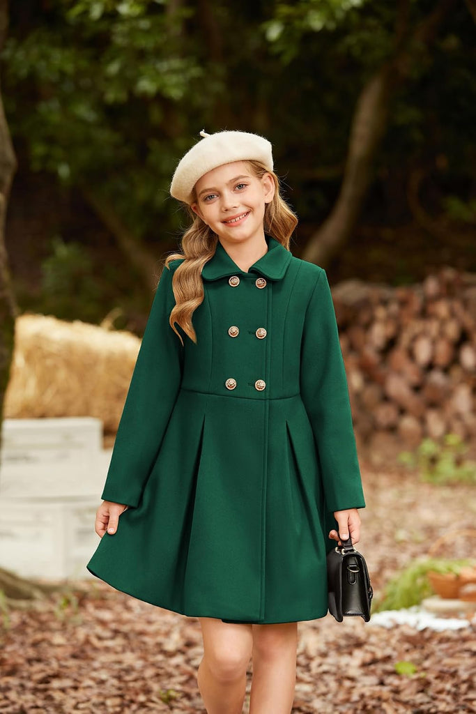 Girls Dress Coat Wool Peacoat with Lapel Pockets Winter Warm Long Jacket for Kids