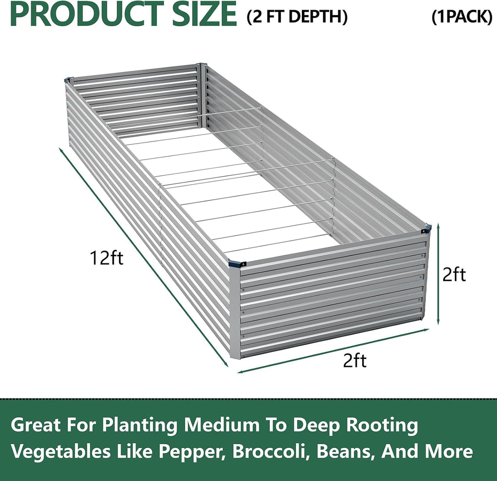 12x2x2ft Galvanized Raised Garden Bed,Metal Raised Beds Kit Silver | 2FT Deep Root Elevated Garden Planter Box