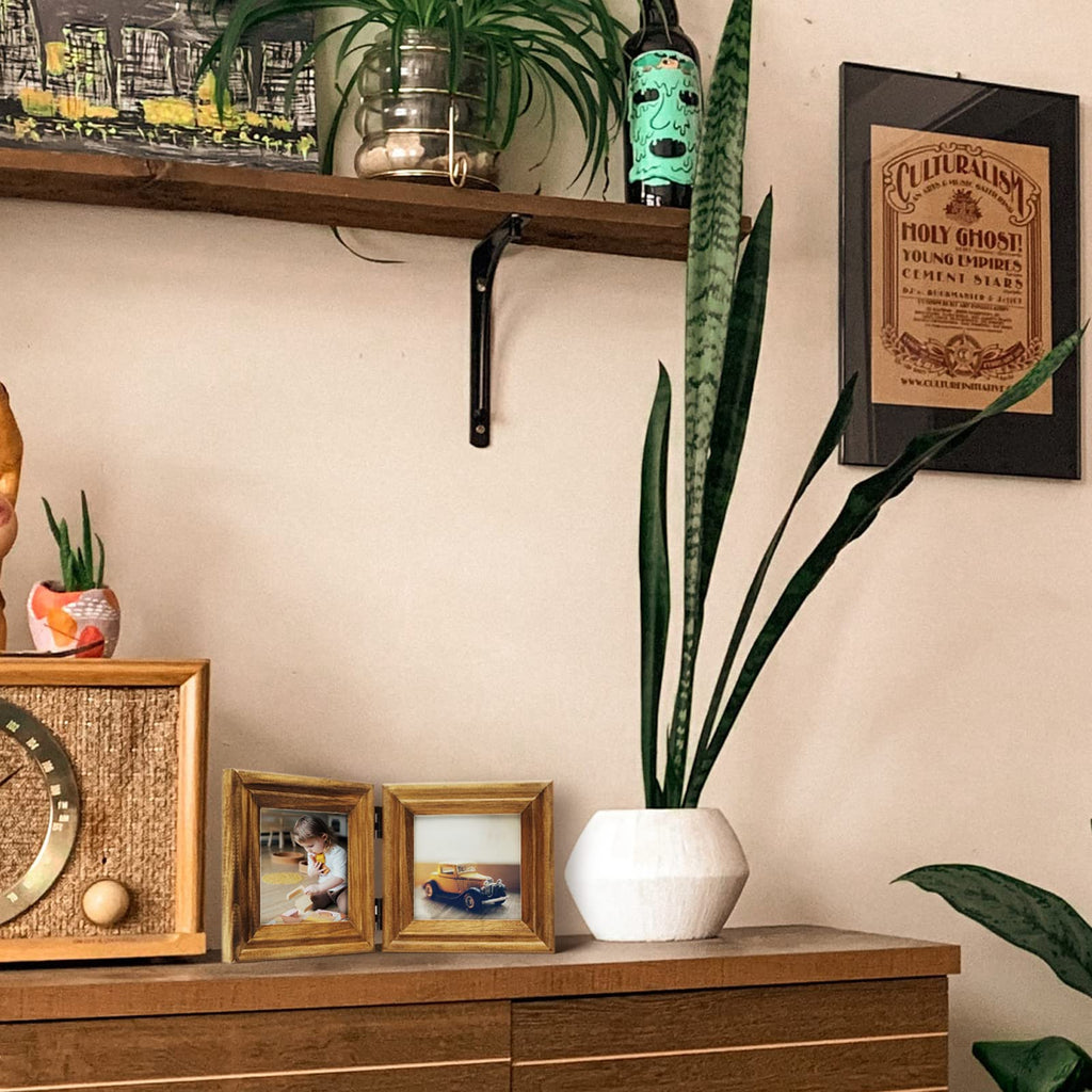 Horizontal 4X6 Picture Frames Double Hinged Wood Folding Photo Frames with Real Glass Front Fit for Desktop or