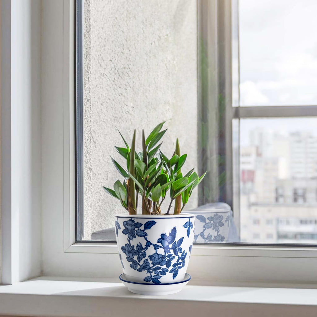 8 inch Ceramic Flower Pots, Chinoiserie Decor Ceramic Planter Plant Pots for Indoor Plants with Drainage and Saucer