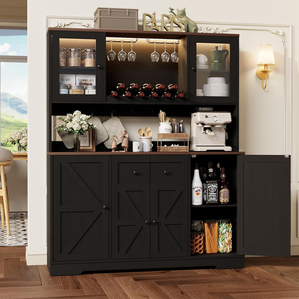 68" Tall Kitchen Pantry Storage Cabinet with Charging Station, 55" Wide Kitchen Hutch Cabinet with Large Countertop