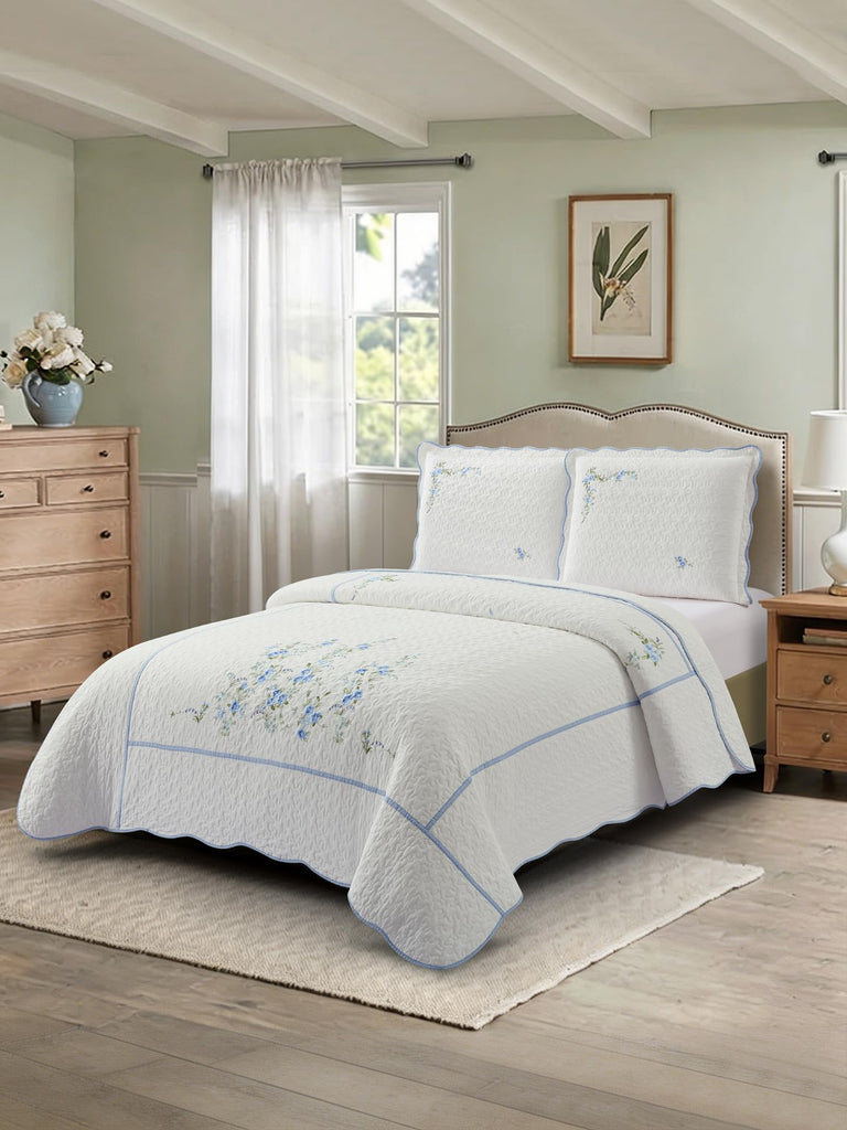 100% Cotton Quilt Set - 3-Piece Lightweight Bedspread Coverlet with Embroidery, All-Season Bohemian Bedding