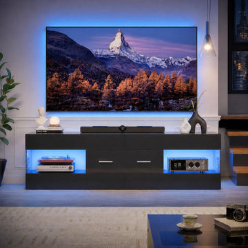 Black 60 Inch Modern TV Stand, LED Entertainment Center with Drawer