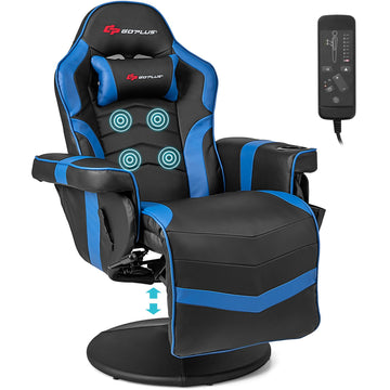 Gaming Chair, Height Adjustable Massage Video Game Chair with Retractable Footrest, Cup Holder, Headrest, Swivel