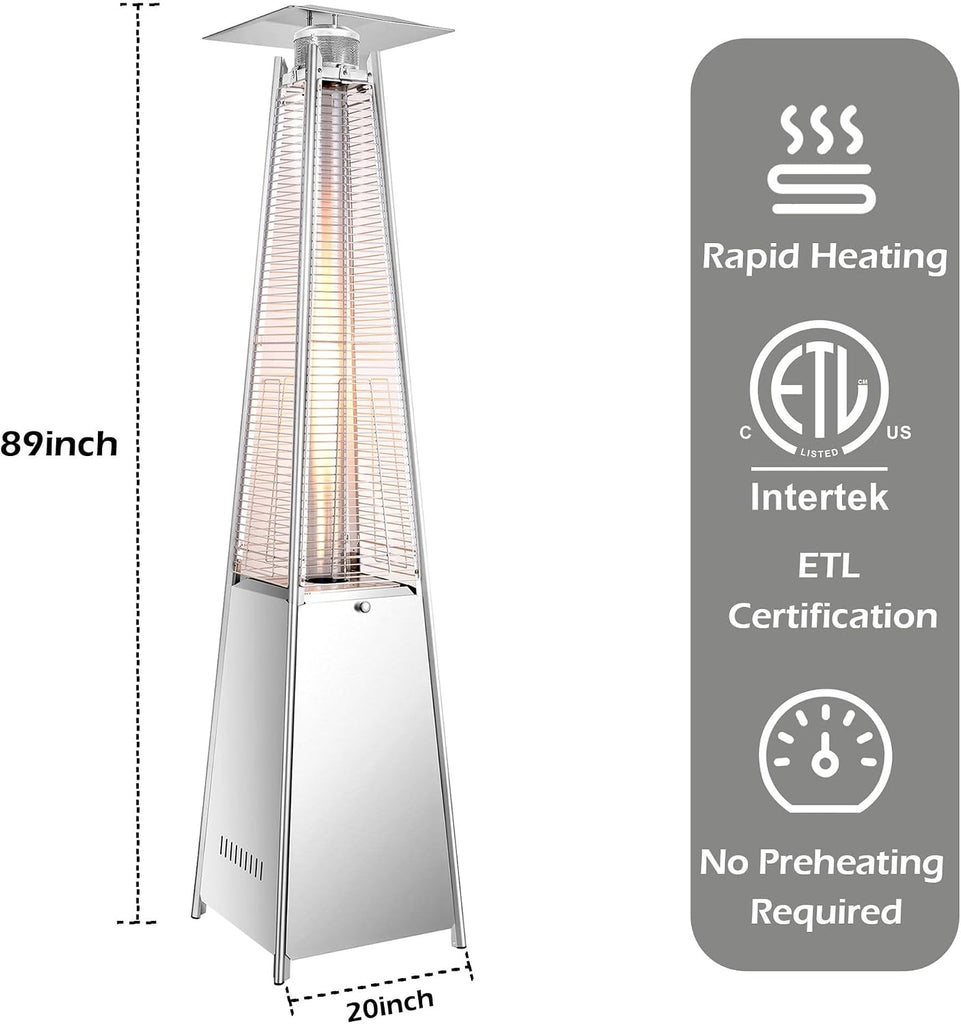 42,000 BTU Pyramid Patio Heater, Outdoor Propane Heater with Quartz Glass Flame Tube, Stainless Steel Patio Heater