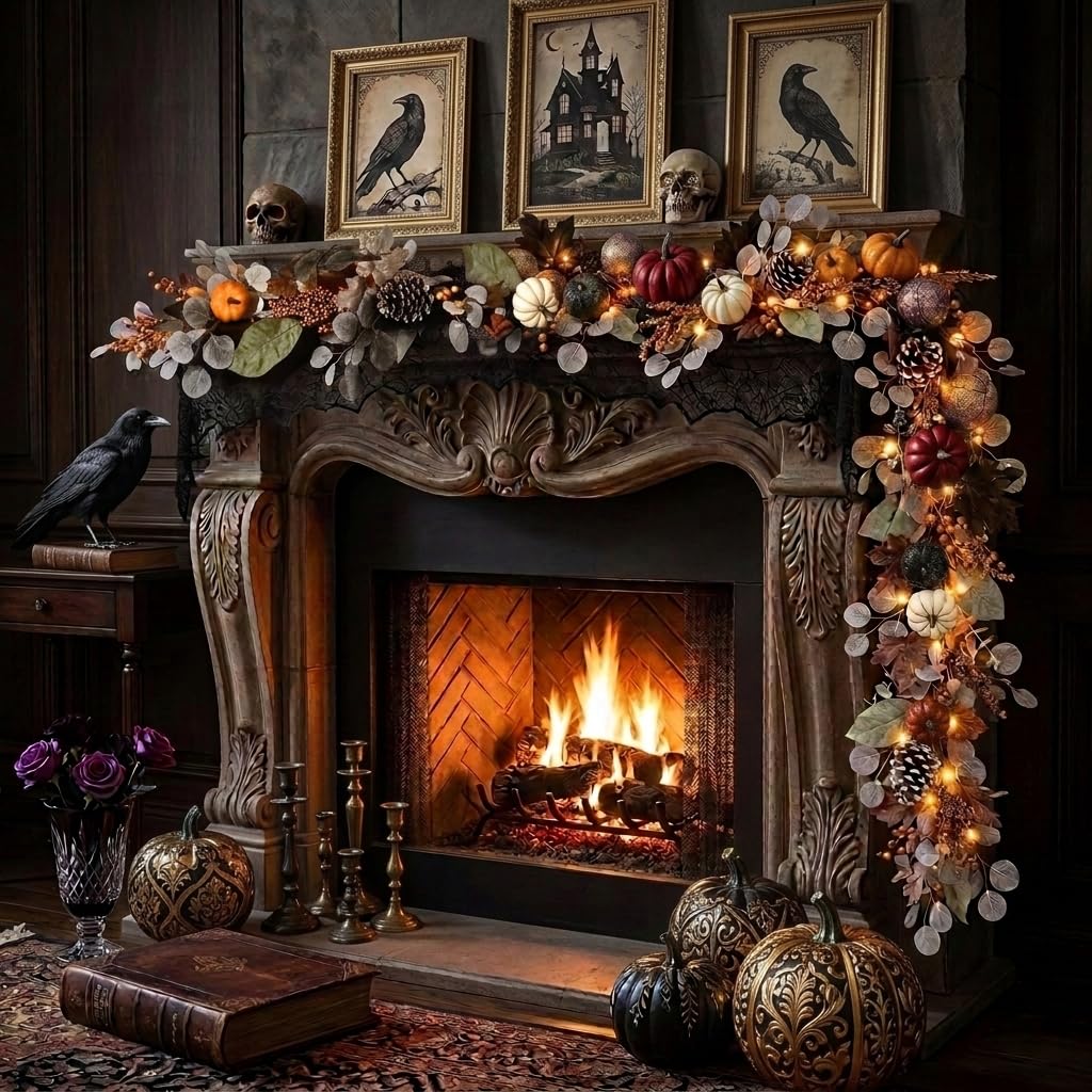 6ft Fall Maple Leaves Garlands for Mantle with Pumpkins