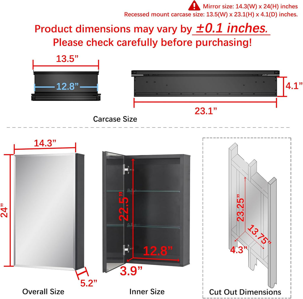 14 x 24 Black Aluminum Medicine Cabinet with Mirror, Recessed/Surface Mount | Bathroom Medicine Cabinet, 2 Adjustable