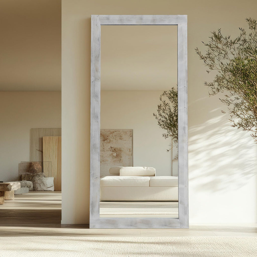 Rustic Farmhouse Full Length Mirror with Stand 71"x32", White