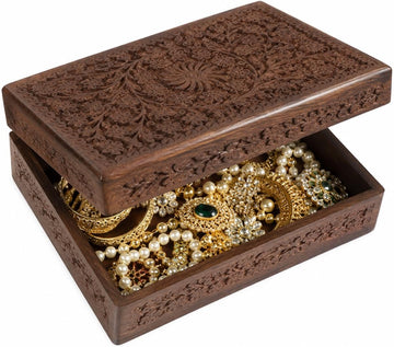 Handmade Wooden Jewelry Box, Hand Carved Jewelry Organizer with Floral Design, Rustic Storage Memory Box for Rings