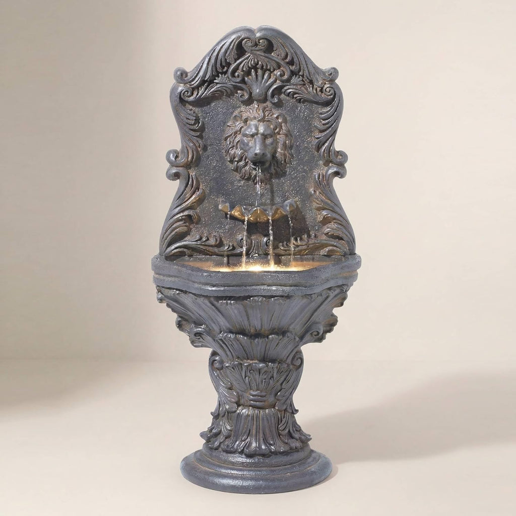Royal Lion Acanthus 50" High Large Italian Indoor Outdoor Decor Faux Stone Floor Fountain with Light LED Statue